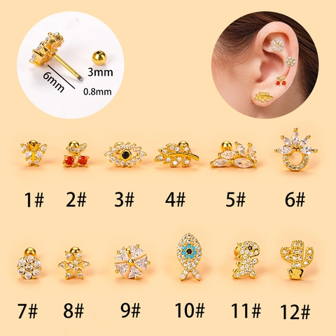 Orecchini Cartilagine Acciaio Inossidabile Rame Zircone Vite Piercing Borchie Farfalla Fiore Malocchio Forme Per Donne