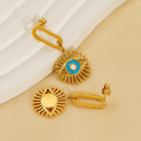 Evil Eye Hängeohrringe 18K Vergoldeter Edelstahl Sonnenstrahl Design Blau Emaille Boho Stil Schmuck Für Damen