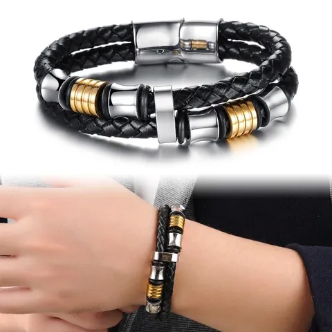 Men Braided Leather Bracelet With Stainless Steel Beads And Magnetic Clasp Double Layer Retro Style Jewelry