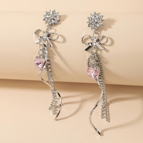 Pendientes Largos Borla Aleacion Estras Corazon Rosa Lazo Flor Con Poste Pendiente Plata 925 Mujer