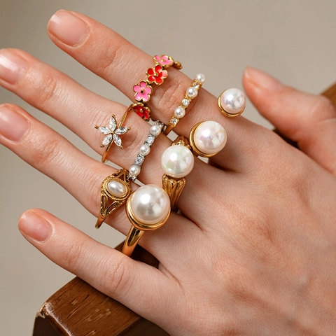 Stainless Steel Ring Women 18K Gold Plated Waterproof Artificial Pearl Zircon Flower Adjustable Open Geometric Vintage Luxury Jewelry