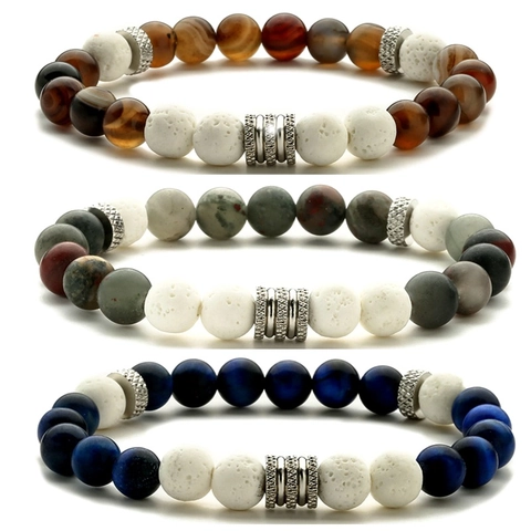 Natural Stone Beaded Bracelet Tiger Eye Lava Rock Alloy Spacers Elastic Unisex Retro Ethnic Jewelry Accessory