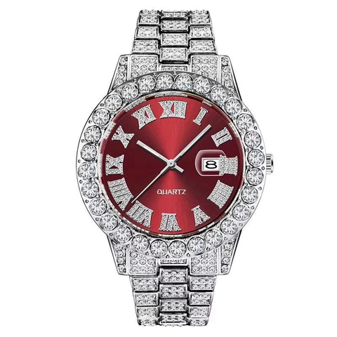 Men Quartz Watch Luxury Full Rhinestone Iced Out Hip Hop Style With Calendar And Roman Numerals Alloy Link Strap