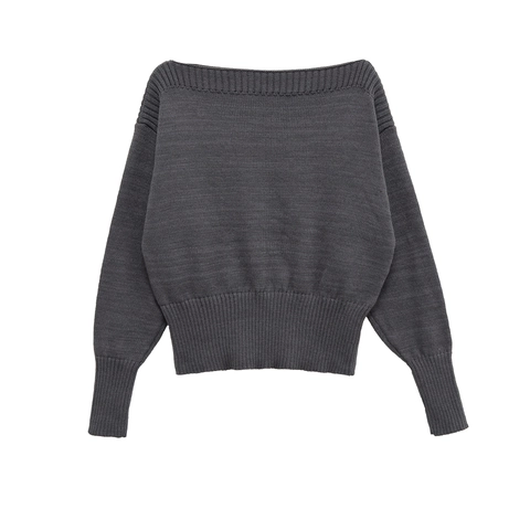 Off-The-Shoulder Knit Sweater Long Sleeve Solid Color Ribbed Trim Slim Fit Casual Elegant Pullover Tops For Women