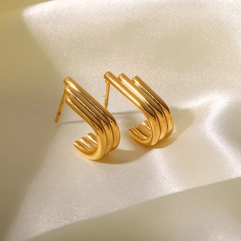 Modern Stainless Steel Triple Layer U-Shaped Stud Earrings For Women Minimalist Geometric Gold Plated Fashion Jewelry Accessories
