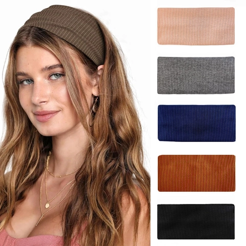 Ribbed Knit Headband For Women High Elastic Solid Color Sporty Hair Band Yoga Fitness Makeup Running Sweatband