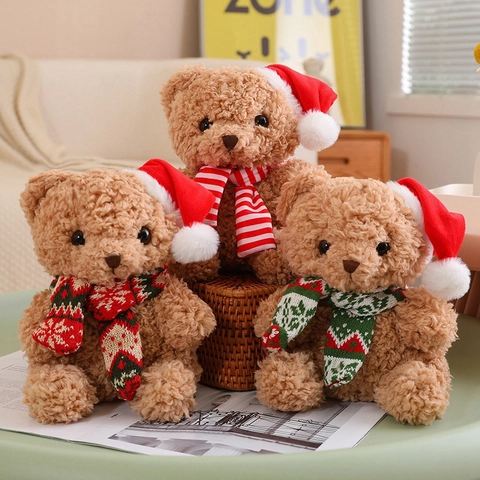 Christmas Teddy Bear Plush Toy Soft Stuffed Animal With Santa Hat And Scarf Festive Holiday Party Home Decor Gift For Kids