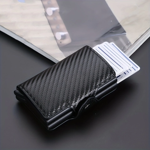 Portacarte A Scatto Con Blocco RFID Texture In Fibra Di Carbonio Portafoglio Sottile In Alluminio Uomo Donna