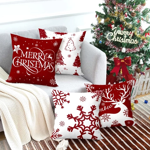 Weihnachts Kissenbezüge Rot Weiß Schneeflocke Rentier Baum Muster Weiches Polyester Sofa Couch Deko Urlaub