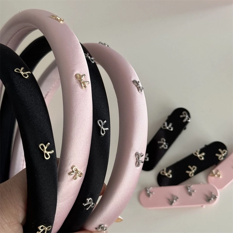 Handmade Satin Fabric Headband With Metal Alloy Bow Decoration Elegant Solid Color Korean Style Hair Accessory For Women
