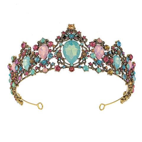 Barocke Königliche Hochzeits Tiara Vintage Gold Legierung Bunte Strass Braut Krone Prachtvoller Kopfschmuck Für Frauen