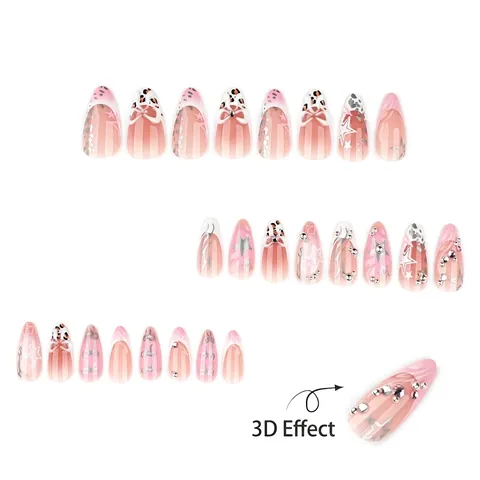 Press On Nägel Rosa Farbverlauf Mandelform 3D Schleifen Strass Leopardenmuster Silberne Sterne Sweet Cool Stil Damen