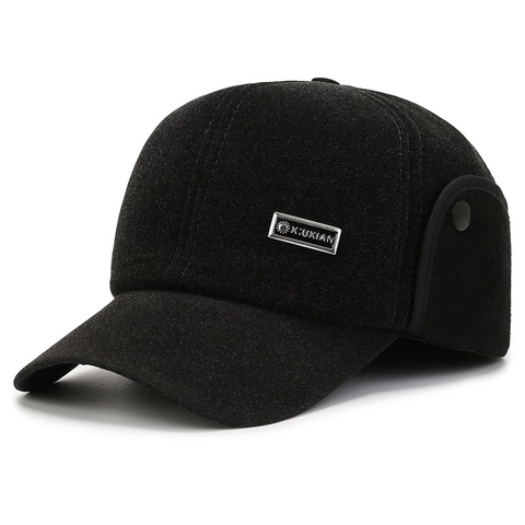 Men Winter Baseball Cap With Ear Flaps Brushed Cotton Warm Outdoor Peaked Hat Classic Vintage Metal Badge Solid Black