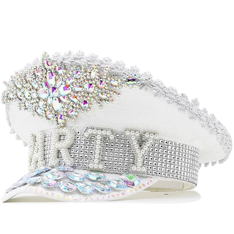 Cappello Da Capitano Bianco Con Paillettes Strass E Künstliche Perle Artificiali Decorazione Party Stile Militare Per Donne