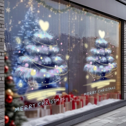 Christmas Tree Window Sticker Static Cling PVC Double Sided Glass Decor UV Printing Merry Christmas Holiday Atmosphere
