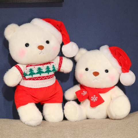 Christmas Teddy Bear Plush Toy White Soft Mink Velvet Movable Joints Removable Holiday Clothes Sweater Cape Scarf Xmas Gift