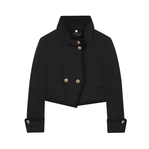 Women Short Blazer Jacket Stand Collar Gold Buttons Double Breasted Polyester French Vintage Elegant Minimalist Outerwear