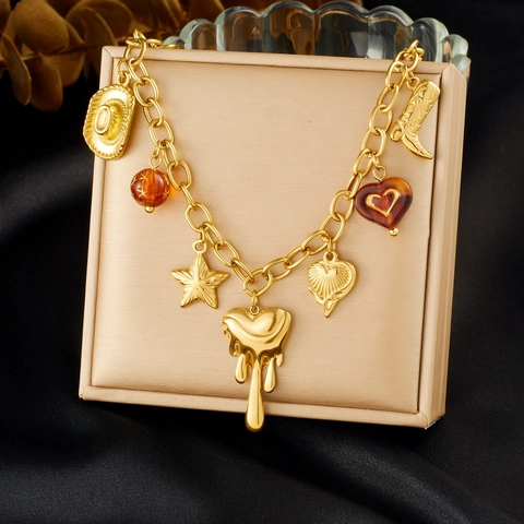 Collier Multi Pendentif Style Cowboy Western Vintage En Acier Inoxydable Plaqué Or Étoile Coeur Pour Femmes