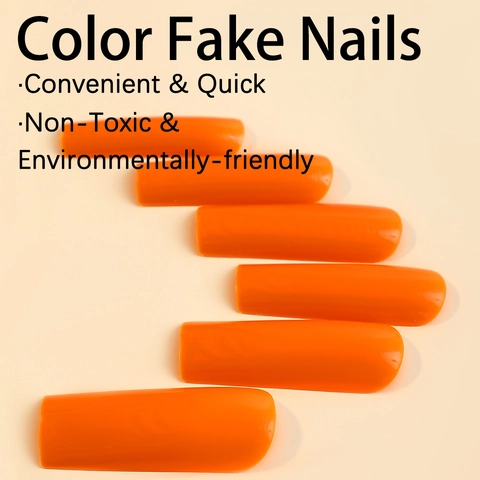 Künstliche Nägel Orange Glänzend Lang Sargform Vollcover Aufklebe Nägel Mit Gelee Kleber Und Feile Für Damen DIY