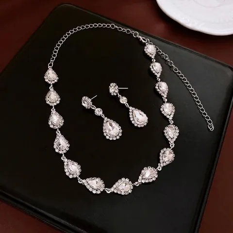 Gioielli Con Collana E Orecchini A Fiore A Goccia D'acqua Rame Con Strass Accessori Da Matrimonio Lusso Per Donne