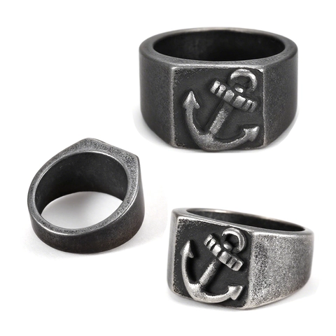 Bague Chevalière Ancre Rétro Acier Inoxydable Nautique Face Carrée Bijoux Punk Pour Hommes