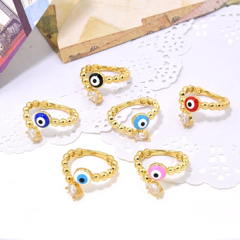 Vergulde Koperen Boze Oog Open Ring Voor Dames Kraalband Verstelbaar Zirconia Emaille Vingerring Boho Mode Sieraden Cadeau