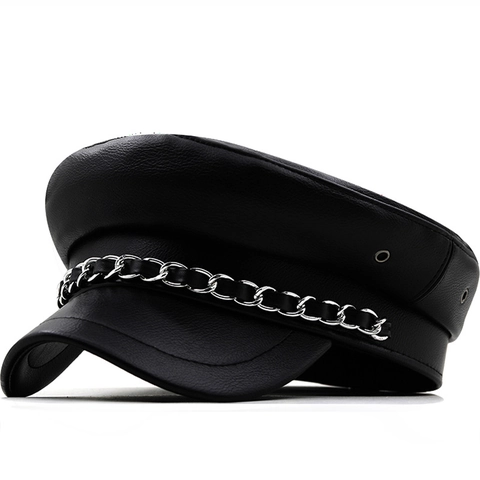 Berretto Da Marinaio Donna Pelle PU Stile Britannico Retrò Cappello Piatto Con Catena In Metallo Argentato Moda Versatile