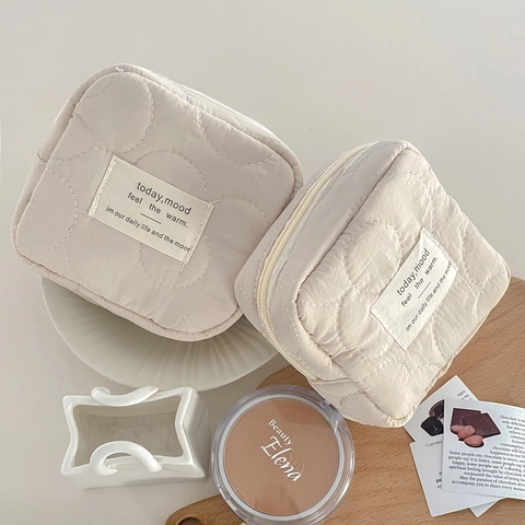 Gewatteerde Polyester Maandverband Opbergtas Draagbare Rits Cosmetische Tas Vierkante Zachte Organiser
