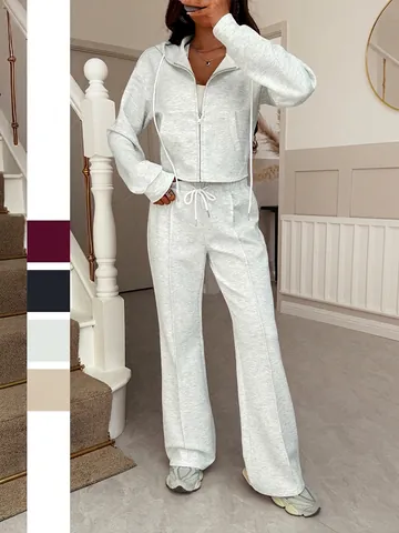 Women Zip Up Hooded Top And Wide Leg Pants Casual Loungewear Solid Color Polyester Knit Chic Comfortable