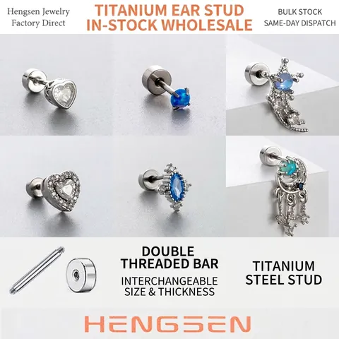 Light Blue Zircon Cartilage Earring Studs With Titanium Steel Screw Back Heart Moon Tassel Piercing Jewelry Women
