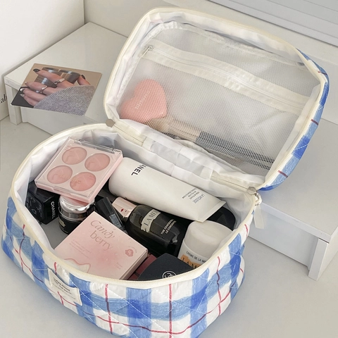 Quilted Cotton Cosmetic Bag Plaid Red Line Blue Check Portable Travel Toiletry Organizer Pouch Retro Minimalist