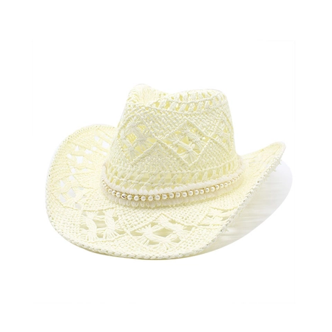 Cappello Di Paglia Western Cowboy Donna Uncinetto Tesa Larga Protezione Solare Spiaggia Estate Decorazione Künstliche Perle