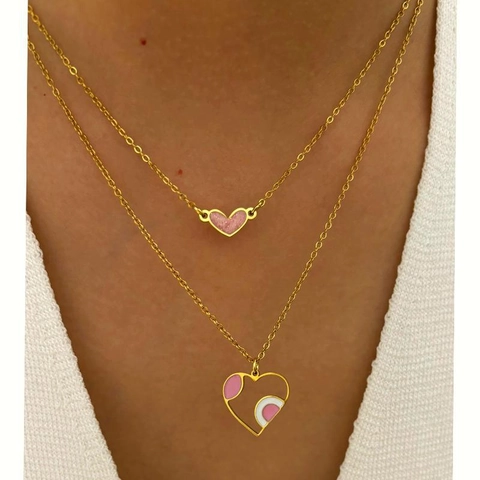 Heart Pendant Necklace Double Layer Stacking Stainless Steel Gold Plated Pink Enamel Trendy Clavicle Chain For Women