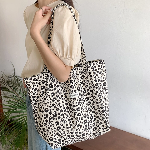 Leopard Print Canvas Tote Bag Large Capacity Casual Shoulder Handbag For Women Daily Shopping Retro Chic