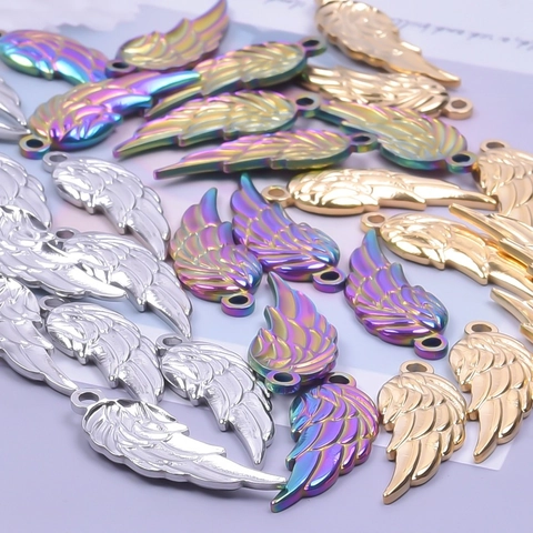 Engelsflügel Anhänger Halskette Edelstahl Spiegelpoliert 18K Vergoldet Regenbogen Bunt Modeschmuck Für Damen