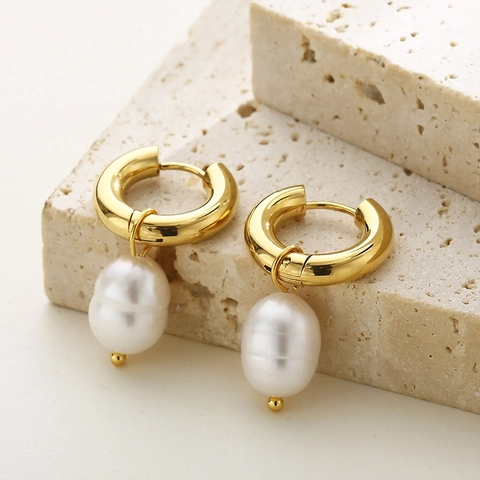 French Retro Stainless Steel Hoop Earrings With Freshwater Artificial Baroque Pearl Pendants Minimalist Elegant Jewelry For Women