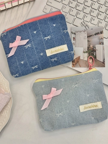 Portamonete In Denim Con Fiocco Stile Coreano Piccola Borsa Portaoggetti Ricamata Con Cerniera Per Chiavi Carte Rossetto Dolce