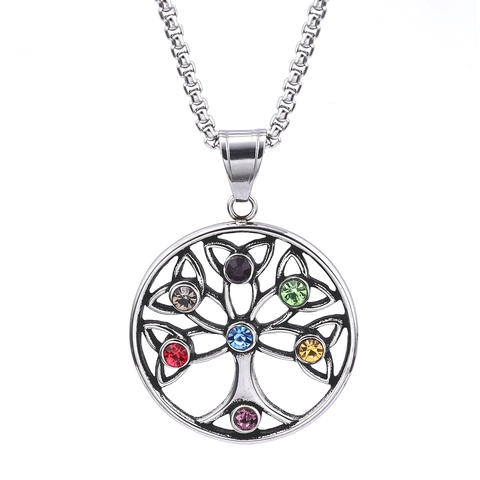 Tree Of Life Pendant Necklace Stainless Steel Colorful Rhinestone Viking Nordic Mythology Retro Jewelry For Men Women