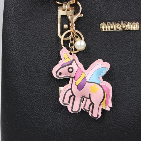 Llavero de Unicornio de Cuero PU Rosa Con Perla Artificial Encanto Lindo Animal de Dibujos Animados Colgante de Bolso Mujer