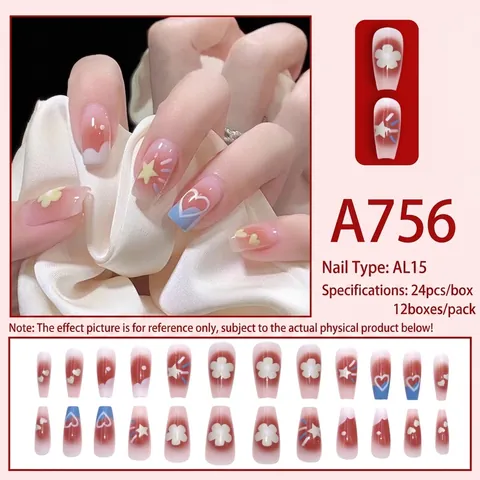 Press On Nails Pink Gradient Cute Flower Heart Star Pattern Sweet Cool Style Long Coffin False Nails For Women