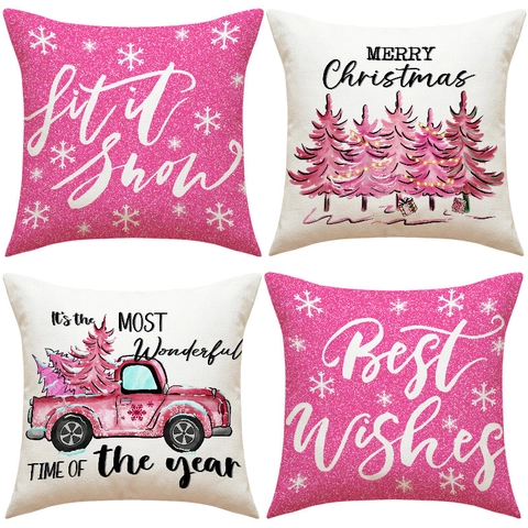 Funda De Cojín De Navidad Rosa Lino Camión Árbol Copo De Nieve Funda De Almohada Decorativa Para Sofá Hogar Decoración Navideña