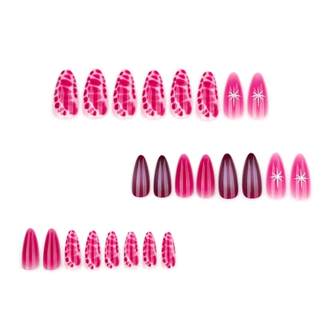 Long Almond Press On Nails Gradient Magenta Purple Star Pattern Animal Print Artificial False Nails Fashion Women