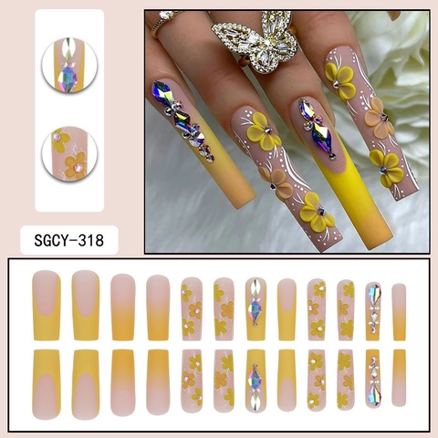 Press On Nagels Lange Coffin Franse Stijl Mat Geel Verloop Met 3D Bloemen En Strass Steentjes Handgemaakt Luxe