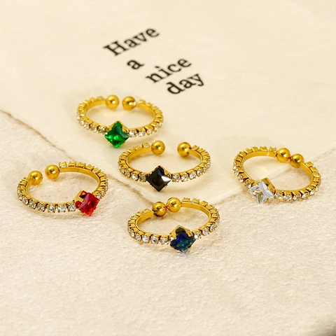 Roestvrijstalen Open Ring 18K Verguld Vierkante Zirkoon Verstelbare Sieraden Vintage Mode Voor Vrouwen