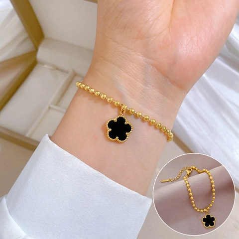 Bracelet En Perles D'acier Inoxydable Avec Pendentif Trèfle Noir Bijoux Élégants De Style Coréen Pour Femmes Filles