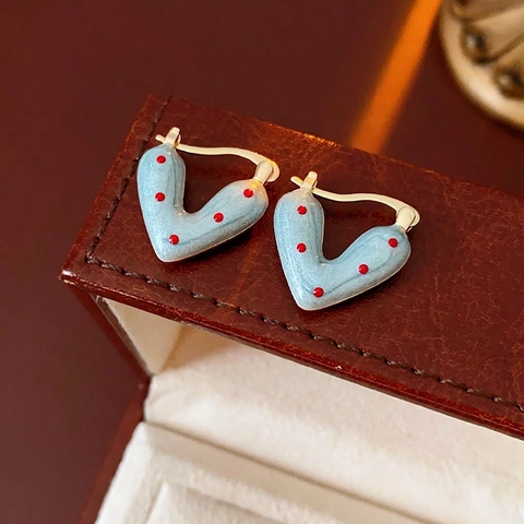 Polka Dot Heart Hoop Earrings Alloy Enamel Glazed Finish With Silver Earring Post Retro Fashion Jewelry