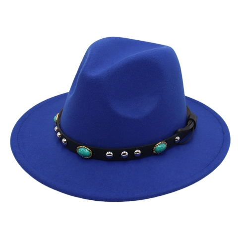 Wide Brim Fedora Hat Cotton Polyester Felt Western Cowboy With Turquoise And Metal Rivets Retro Jazz Style For Men Women