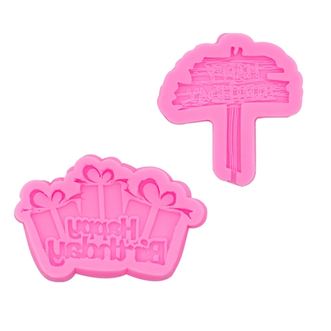Happy Birthday Cake Decoration Silicone Mold For Chocolate Fondant Sugarcraft Gift Box Wooden Sign Shape DIY Baking Tool
