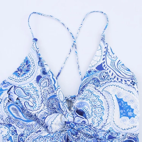Boho Paisley Print Linen Cami Maxi Dress V-Neck Smocked Waist Cross Back Straps Front Split Summer Vacation Long Sun Dress