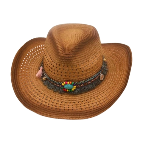 Chapeau De Cow-Boy En Paille Tissé À Bord Large Style Bohème Avec Perles De Turquoise Glands Pour La Plage Protection Solaire
